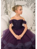 Beaded Purple Lace Tulle Ruffle Floor Length Flower Girl Dress